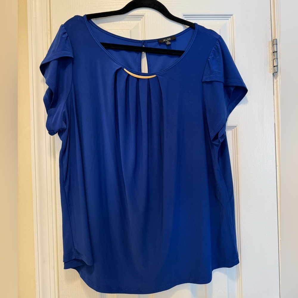 Blue business casual top with gold metallic detail
